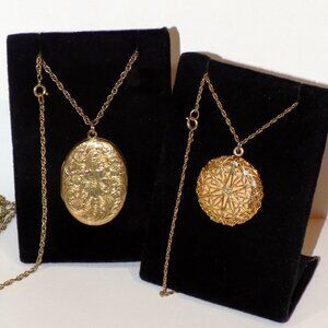 Openwork Round & 1940s JMF Fisher 1/20 12K Lockets. 1/20 12K GF Chain Necklaces